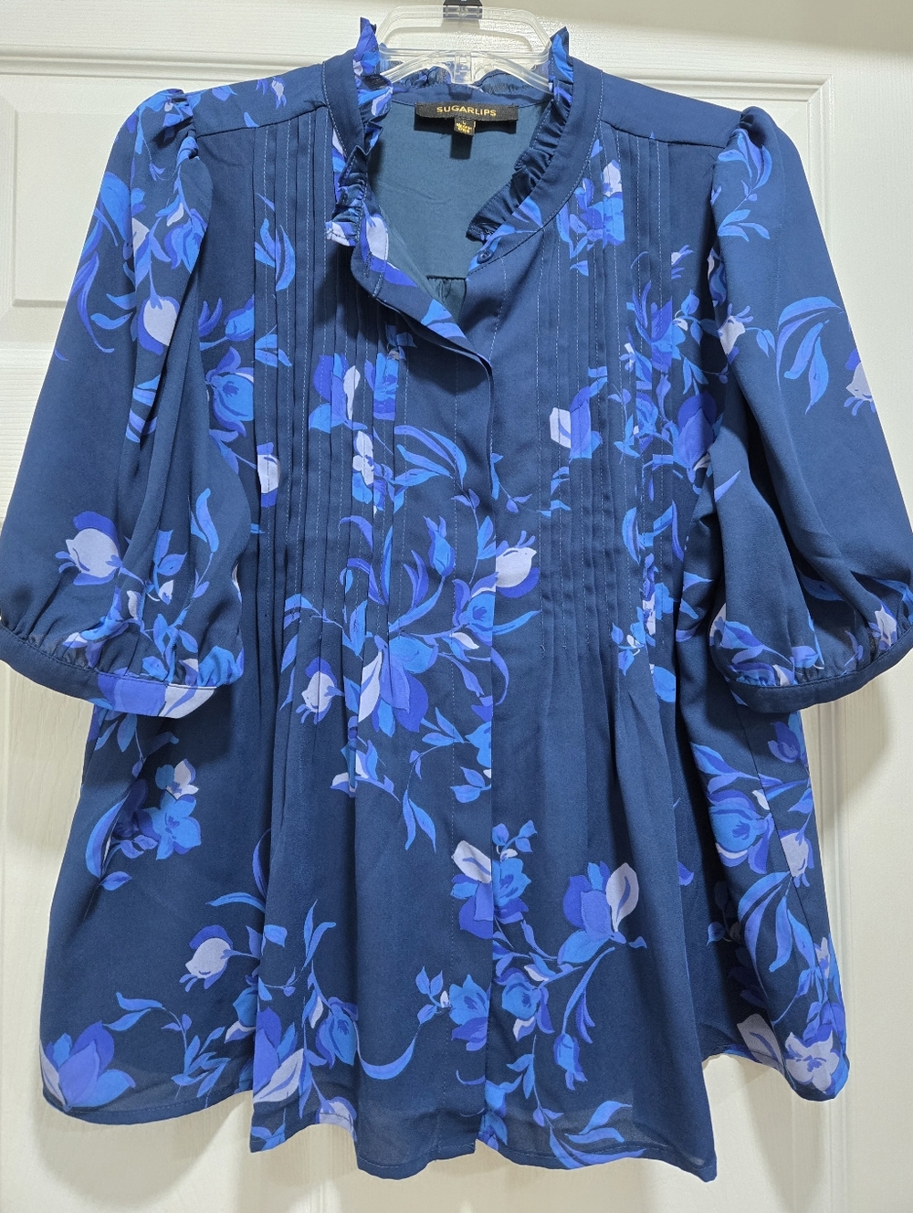 Clothes~ Boutique Blue Floral Short Sleeve Top Blouse~Women’s Size L, Large NWOT
